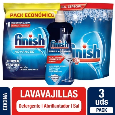 Pack Lavavajilla Finish: Sal 1 Kg, Abrillantador 400 ml y Detergente Polvo Repuesto 1 kg