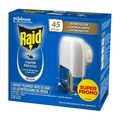 Insecticida Raid Eléctrico Líquido Mosquitos y Zancudos 45 Noches Aparato + Repuesto