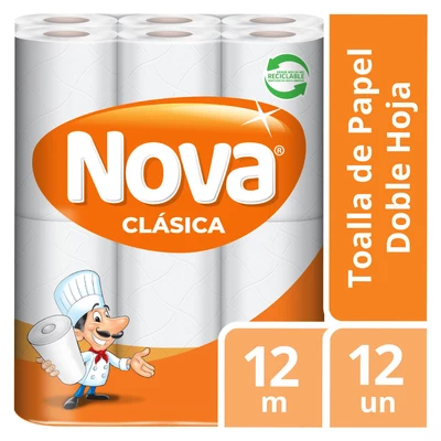 Toalla de Papel Nova Clásica Doble Hoja 12 mts c/u 12 Unid