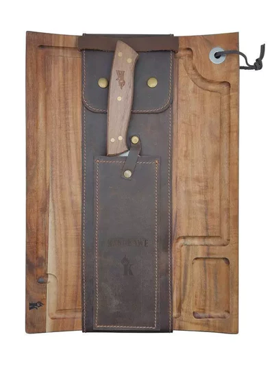 SET TABLA + CUCHILLO + FUNDA CUERO