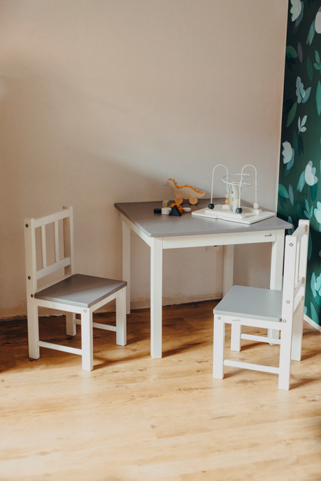 Mesa + 2 sillas de MADERA en Gris con blanco- Últimas!
