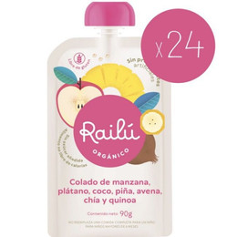 Pack 24 Railú Colado de Manzana, plátano, coco, piña, avena, chía y quínoa