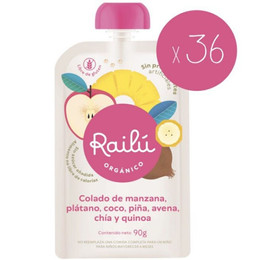 Pack 36 Railú Colado de Manzana, plátano, coco, piña, avena, chía y quínoa