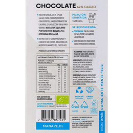 Barra de Chocolate Orgánico sin Azúcar 62% Cacao - 100 grs Manare