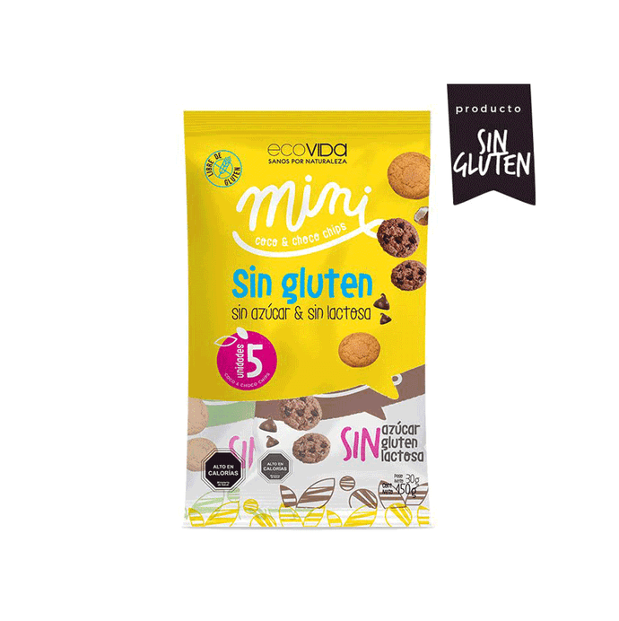 Ecovida Pack 5 Mini Galletas Sin Gluten Coco y Choco Chips Sin Azúcar - 150 grs - Empaque.png