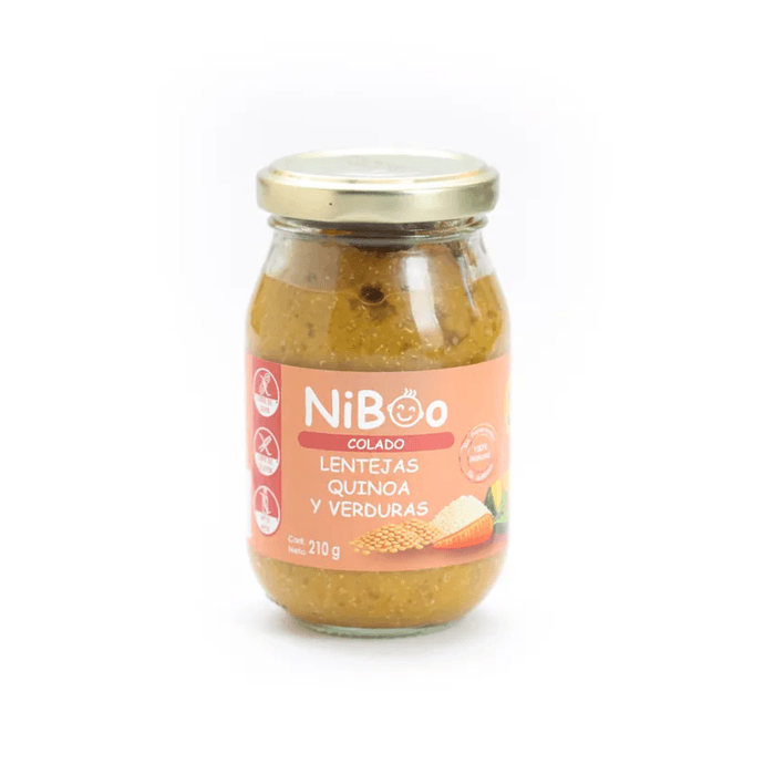 Niboo Picado Lentejas Quinoa y Verduras - 210 grs - Ingredientes Agua de cocción, papas, zanahorias, zapallo italiano, carne de vacuno (11%), porotos verdes y aceite de canola. (1).png