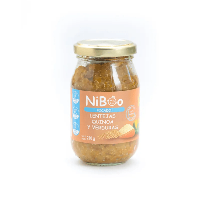 Niboo Picado Pollo Arroz y Verduras - 210 grs - Ingredientes Agua de cocción, papas, zanahorias, zapallo italiano, carne de vacuno (11%), porotos verdes y aceite de canola. (10).png