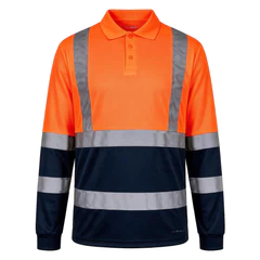 Polera Pique Cooldry Hi-Vis Azul-Naranjo con Cinta Reflectante Kumen