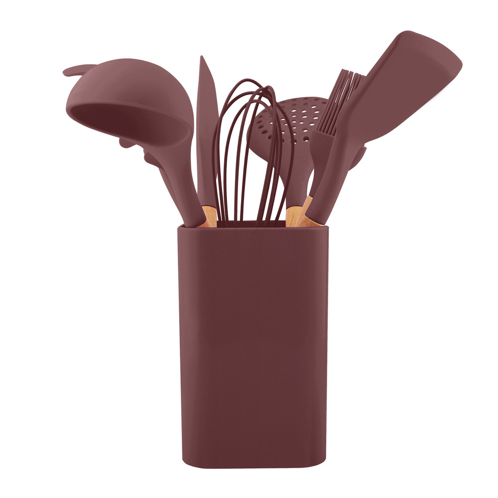Set de Utensilios de Cocina Silicona Madera Café