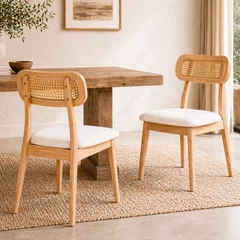Pack 2 Sillas Lira Madera, Ratán PE y Asiento Tapizado Beige