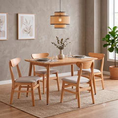 Comedor Scandi Mesa 75x75x120 cm 4 Sillas Madera Tapizada