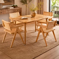 Comedor Chandigarh Mesa 75x75x120 cm 4 Sillas Madera Ratán Natural