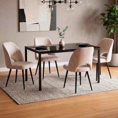 Comedor Oval Mesa Vidrio Negro 75x80x120 cm 4 Sillas Velvet Beige