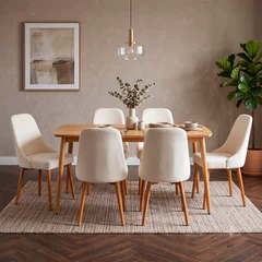 Comedor Aura Mesa 75x80x160 cm 6 Sillas Madera Tapizadas Beige