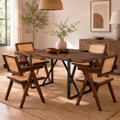 Comedor Chandigarh Mesa 75x80x140 cm 4 Sillas Madera Ratán Café