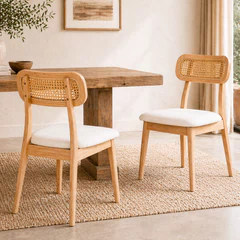 Pack 2 Sillas Lira Madera, Ratán PE y Asiento Tapizado Beige