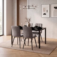 Comedor Mesa Vidrio Negro 75x80x120 cm 4 Sillas Velvet Gris