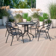 Set Terraza 4 Sillas Acero + Mesa Vidrio Negro 80x70cm