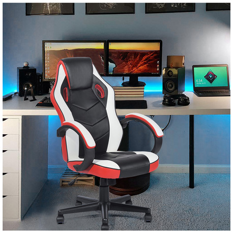 Silla Gamer PU Flow Ergonómica Escritorio - Blanco/Rojo