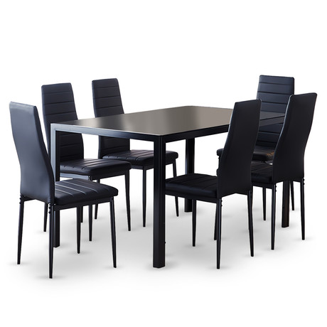 Comedor Mesa Vidrio 75x80x150 6 Sillas PU Negro