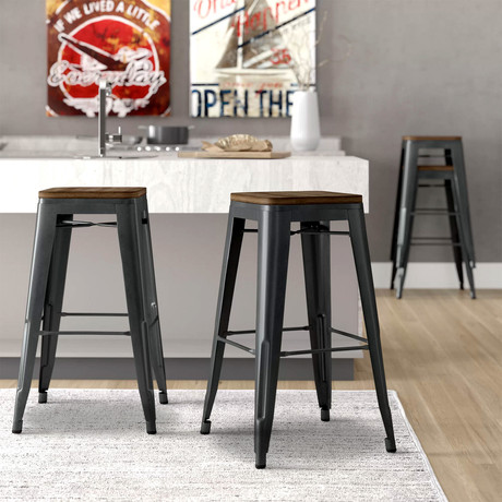 Pack 4 Pisos Metal Tolix con Asiento Madera Negro