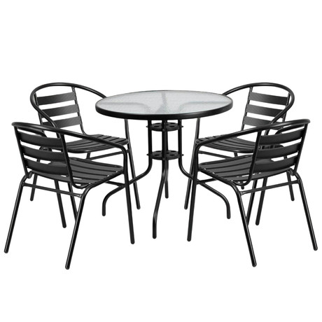 Set Terraza 4 Sillas Acero + Mesa Vidrio Negro 80x70cm