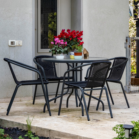 Set Terraza Maceio 4 Sillas + Mesa Vidrio 80x70cm Negro