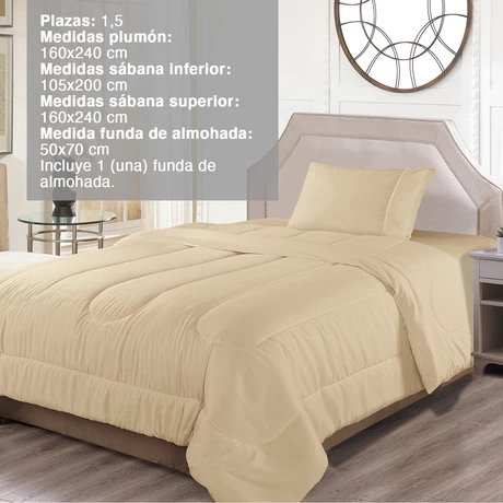 Set Plumón + Juego de Sábanas 1,5 Plaza Beige