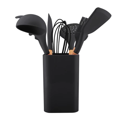 Set de Utensilios de Cocina Silicona Madera Negro