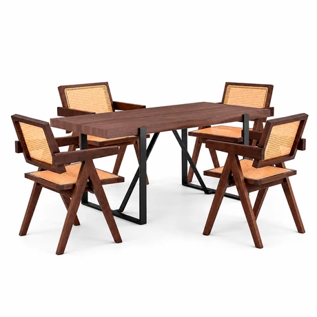 Comedor Chandigarh Mesa 75x80x140 cm 4 Sillas Madera Ratán Café - vista alternativa
