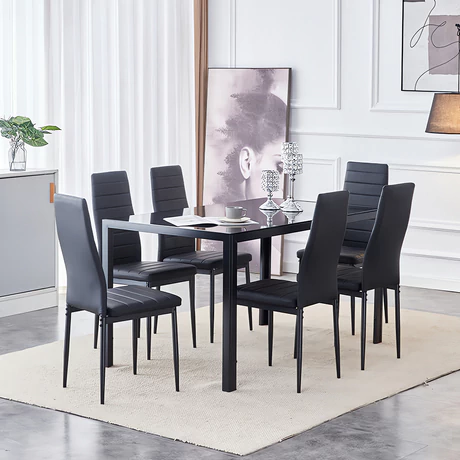Comedor Mesa Vidrio 75x80x150 6 Sillas PU Negro