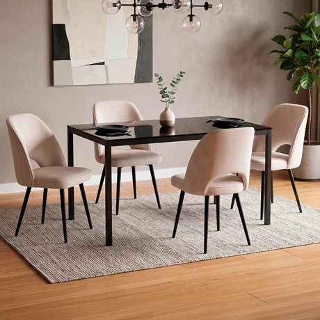 Comedor Oval Mesa Vidrio Negro 75x80x120 cm 4 Sillas Velvet Beige