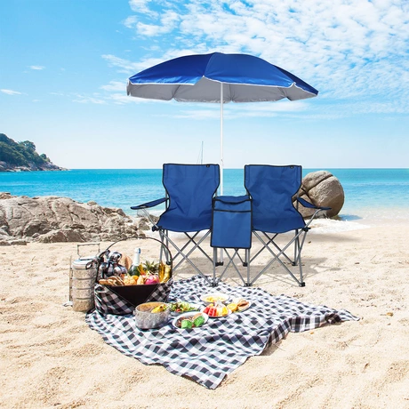 Set Mesa y Sillas Plegables con Sombrilla Azul