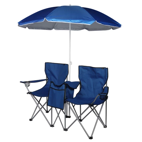 Set Mesa y Sillas Plegables con Sombrilla Azul