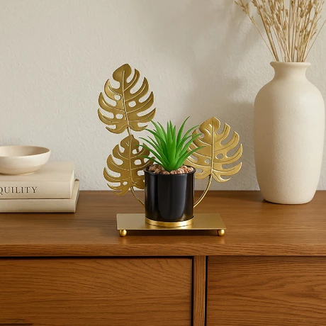 Figura Decorativa Candelabro Hoja con Mini Planta