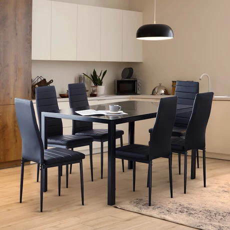 Comedor Mesa Vidrio 75x80x150 6 Sillas PU Negro