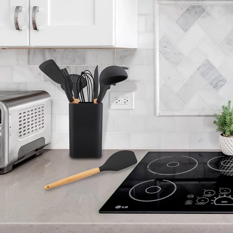 Set de Utensilios de Cocina Silicona Madera Negro