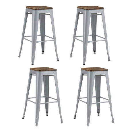 Pack 4 Pisos Metal Tolix con Asiento Madera Gris