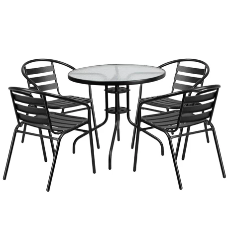 Set Terraza 4 Sillas Acero + Mesa Vidrio Negro 80x70cm