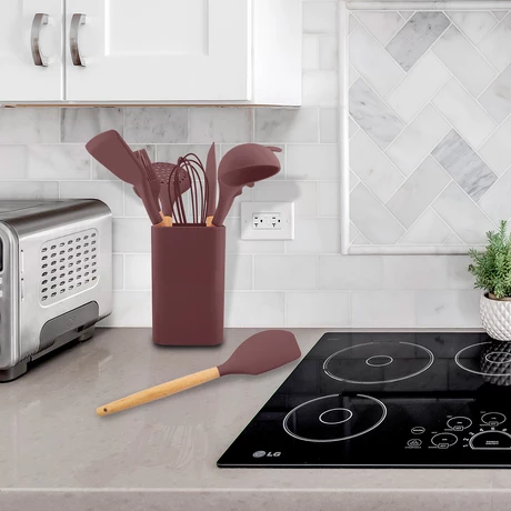 Set de Utensilios de Cocina Silicona Madera Café