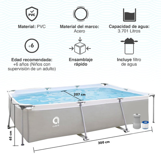 Piscina con Filtro 3701 Litros 65x207x300 cm Gris