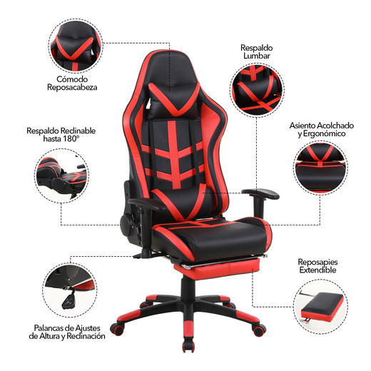 Silla Gamer Racing Reclinable 180° Reposapiés Rojo