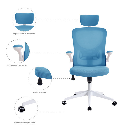 Silla de Oficina con Reposa Brazos y Cabeza Azul