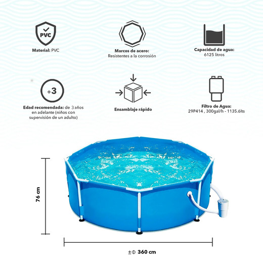 Piscina con Filtro y Estructura de Acero 6.125Lts 76cmx360cm