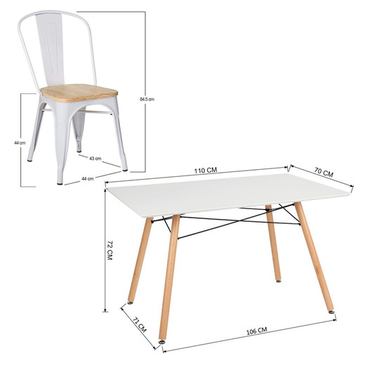Comedor 4P Nórdico Eames 110X80 + Sillas Tolix Blancas