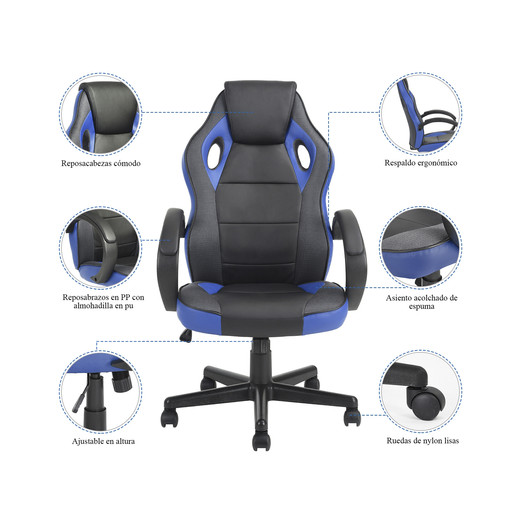 Silla Gamer PU Ergonómica - azul