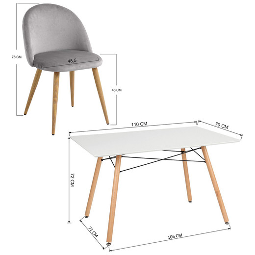 Comedor 4P Nórdico Eames 110X80 + Sillas Terciopelo Grises