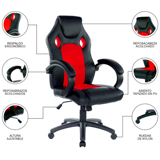 Silla Gamer Reclinable Altura Ajustable Rojo