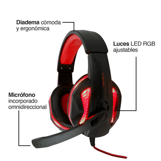 Audífonos Gamer GH05 Luces Led con Micrófono Rojo