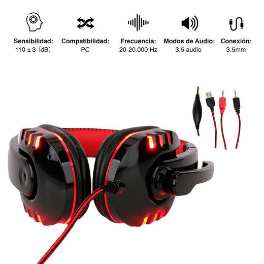 Audífonos Gamer G04L Luces Led con Micrófono Rojo